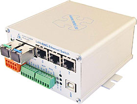 Průmyslový switch LAN-RING, 2x SFP slot, 3x FE PoE+ port, 2x DI, 2x RS485/422