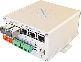 Průmyslový switch LAN-RING, 2x SFP slot, 3x GE port, 2x DI, 2x RS485/422