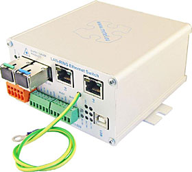 Průmyslový switch LAN-RING, 2x SFP slot, 2x FE PoE+, 2x DI, 2x RS485/422