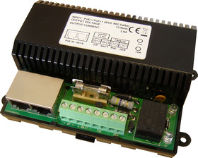 PoE splitter (13,8 VDC out) with backup battery connection, DIN rail mountable