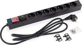 19“ rozvodný panel 1U, 7x zásuvka dle ČSN, max. 16A, kabel 3 x 1,5 mm, délka 2m