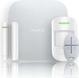 Ajax Hub+ 12V StarterKit biely obsahuje ústredňu, kľúčenku, PIR a MG kontakt