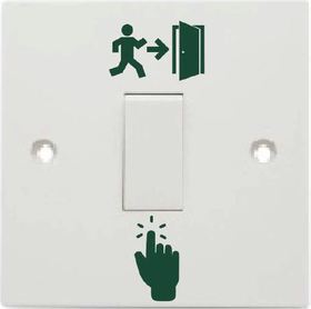 White plastic request-to-exit button with symbol