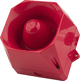 Red industrial sounder, IP66, 107 dB output.