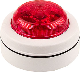 LED beacon, red lens, white shallow body.